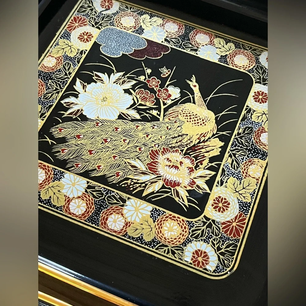 Vintage Japan lacquerware black gold peacock floral serving trays, set of two